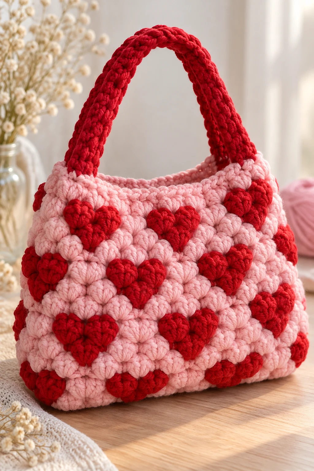 Strawberry Pink and Red Puff Heart Bag — crochet puff bag style outfit