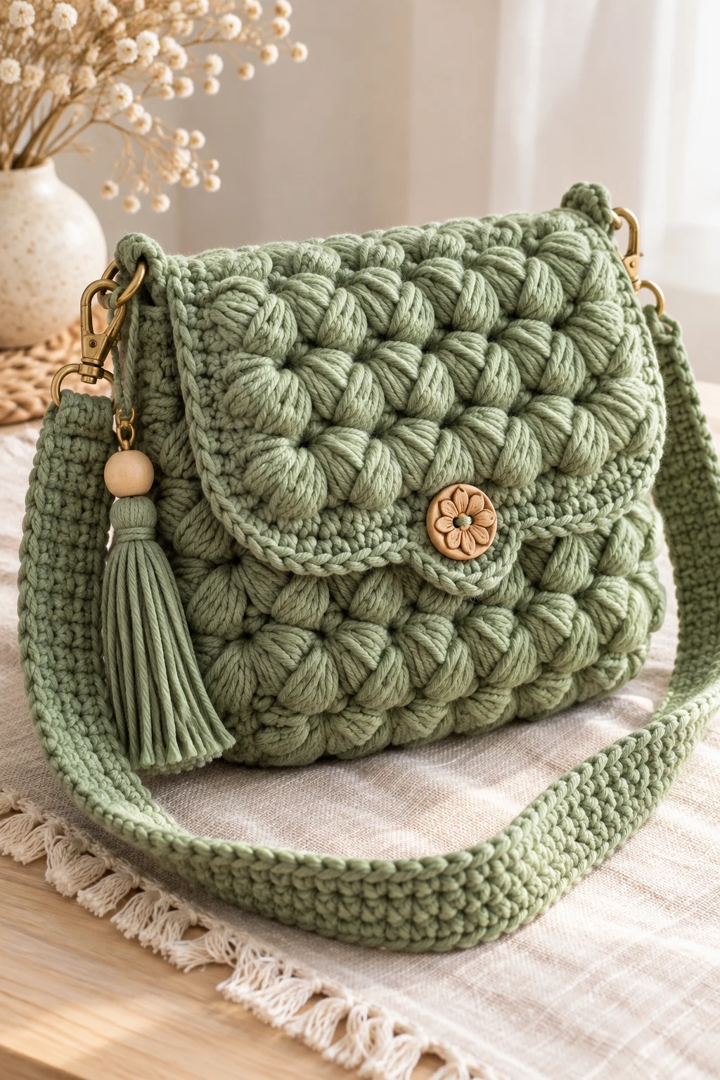 Boho Sage Green Crochet Puff Crossbody Bag — crochet puff bag style outfit