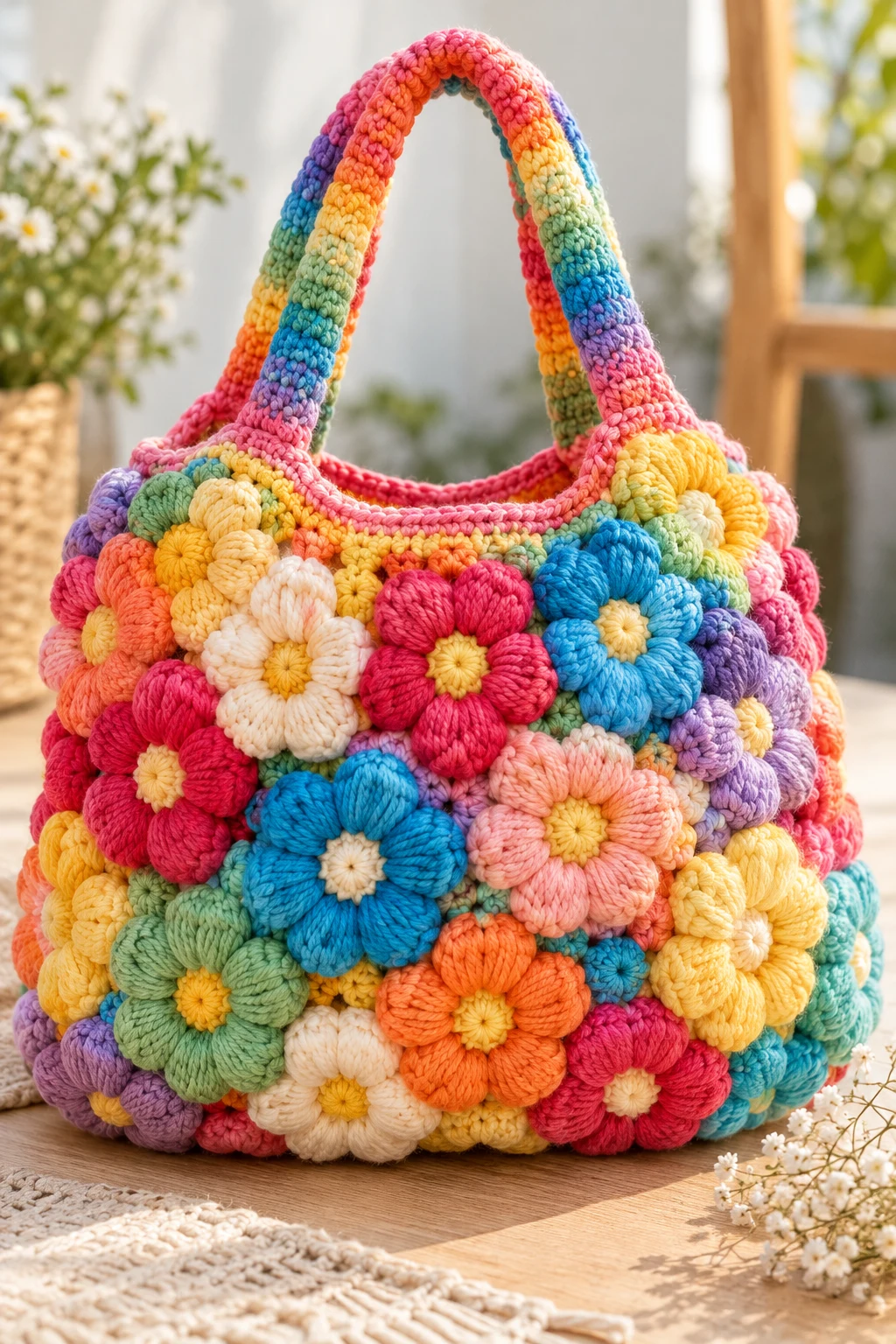 Rainbow Crochet Puff Flower Festival Bag — crochet puff bag style outfit