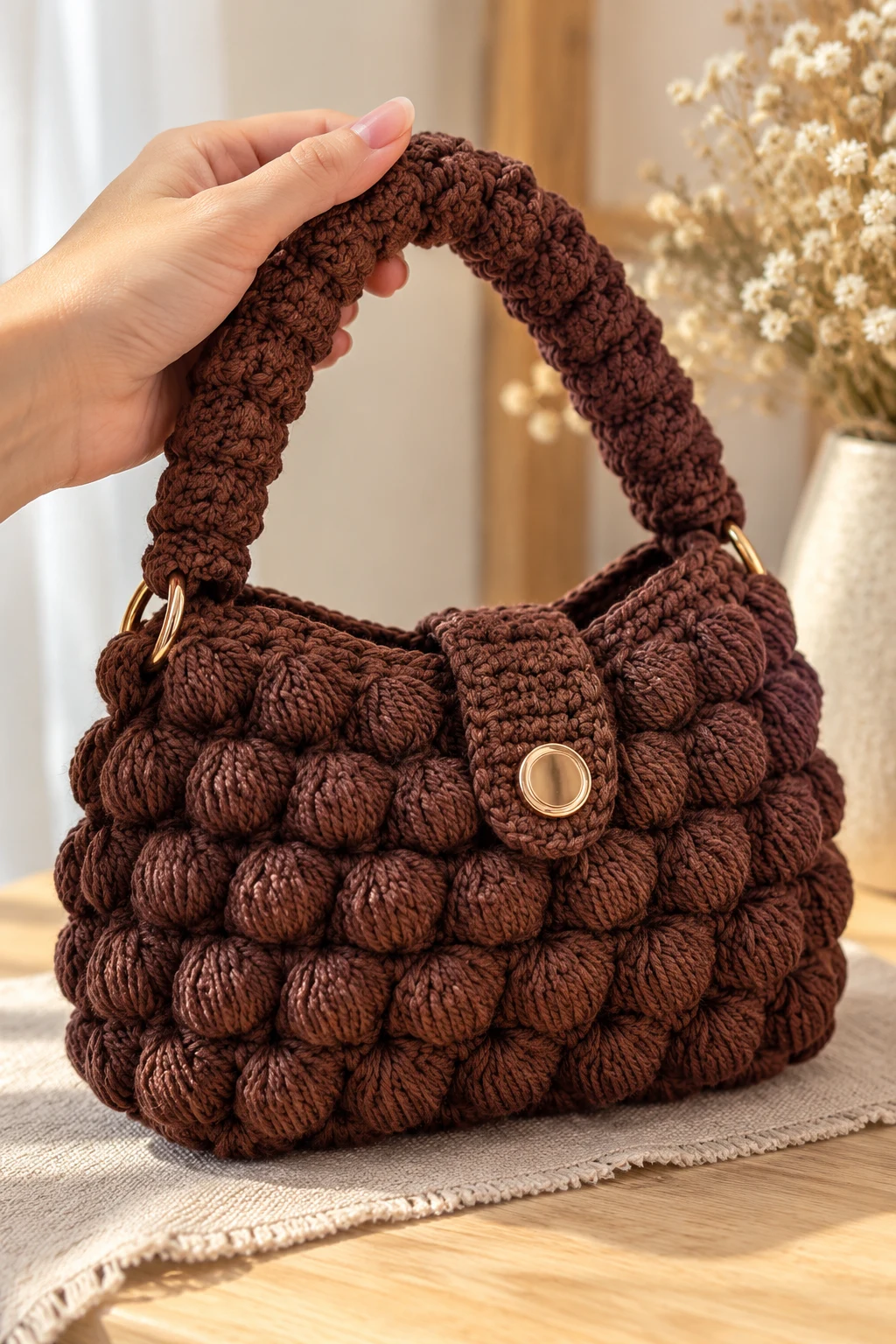 Chocolate Brown Crochet Puff Mini Handbag — crochet puff bag style outfit