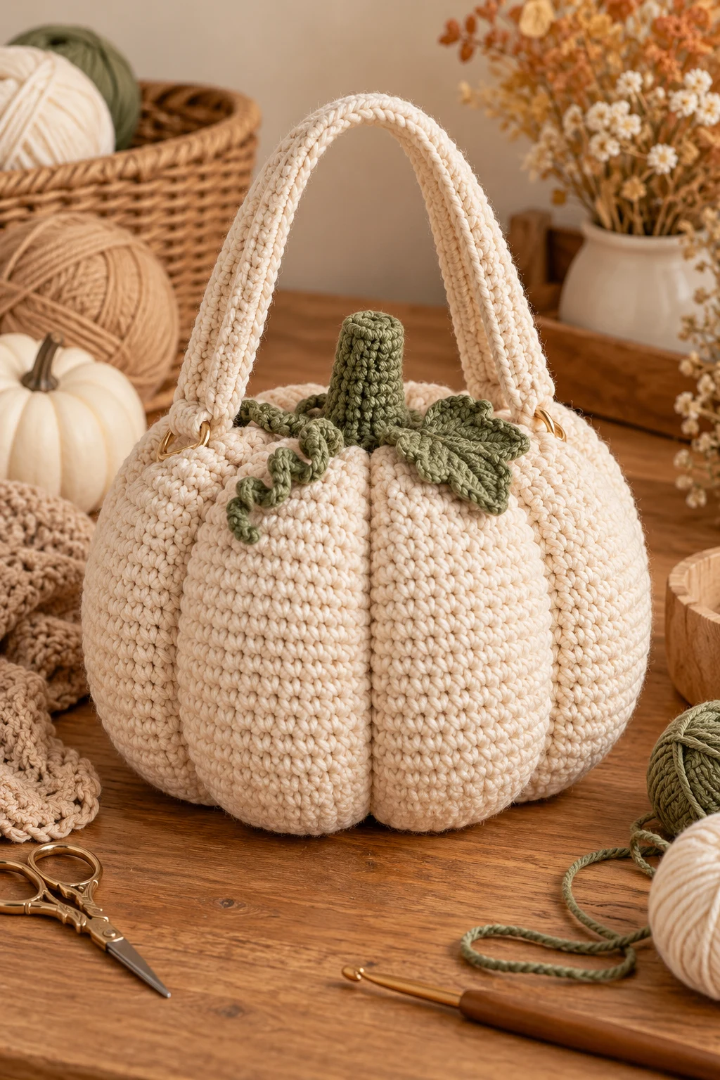 Neutral Cream Crochet Pumpkin Bag — crochet pumpkin bag style outfit