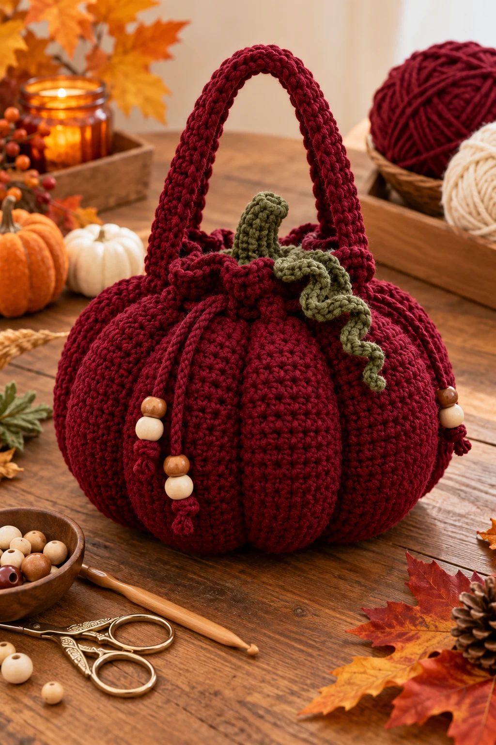 Burgundy Crochet Pumpkin Bag for Fall — crochet pumpkin bag style outfit