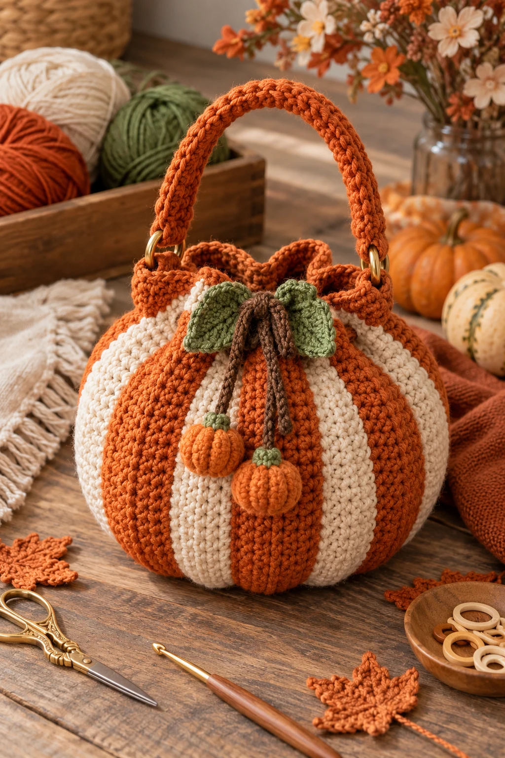 Striped Crochet Pumpkin Bag — crochet pumpkin bag style outfit