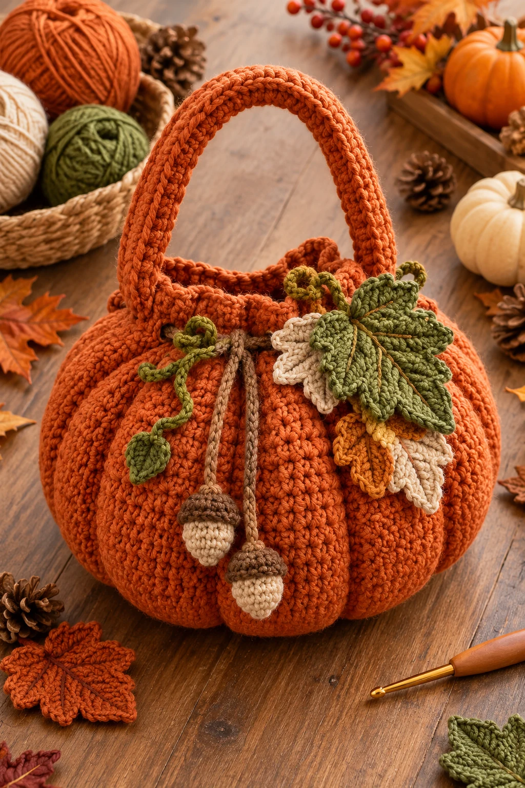 Crochet Pumpkin Bag With Leaf Appliqué — crochet pumpkin bag style outfit
