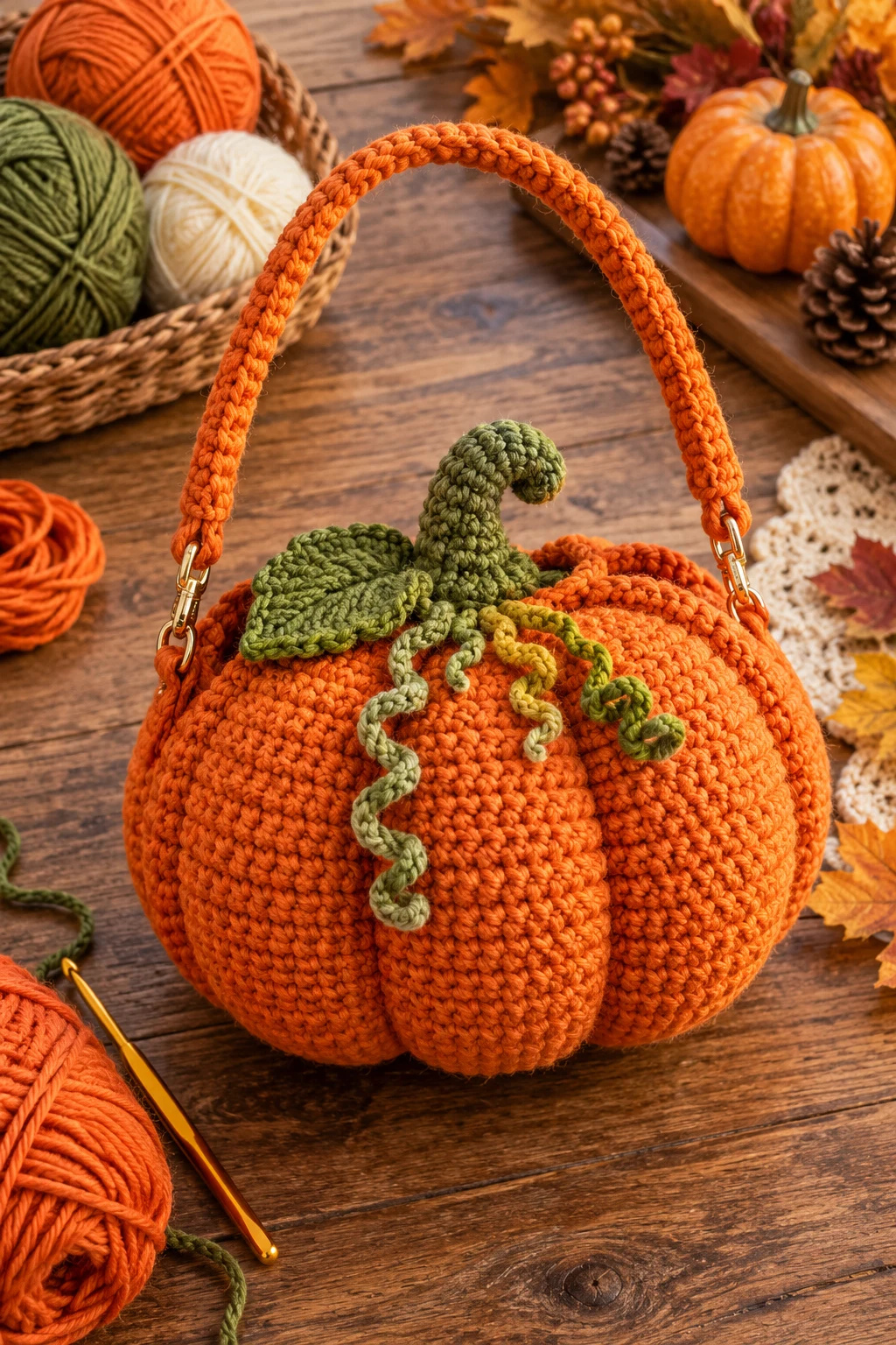 Crochet Pumpkin Purse With a Green Stem — crochet pumpkin bag style outfit