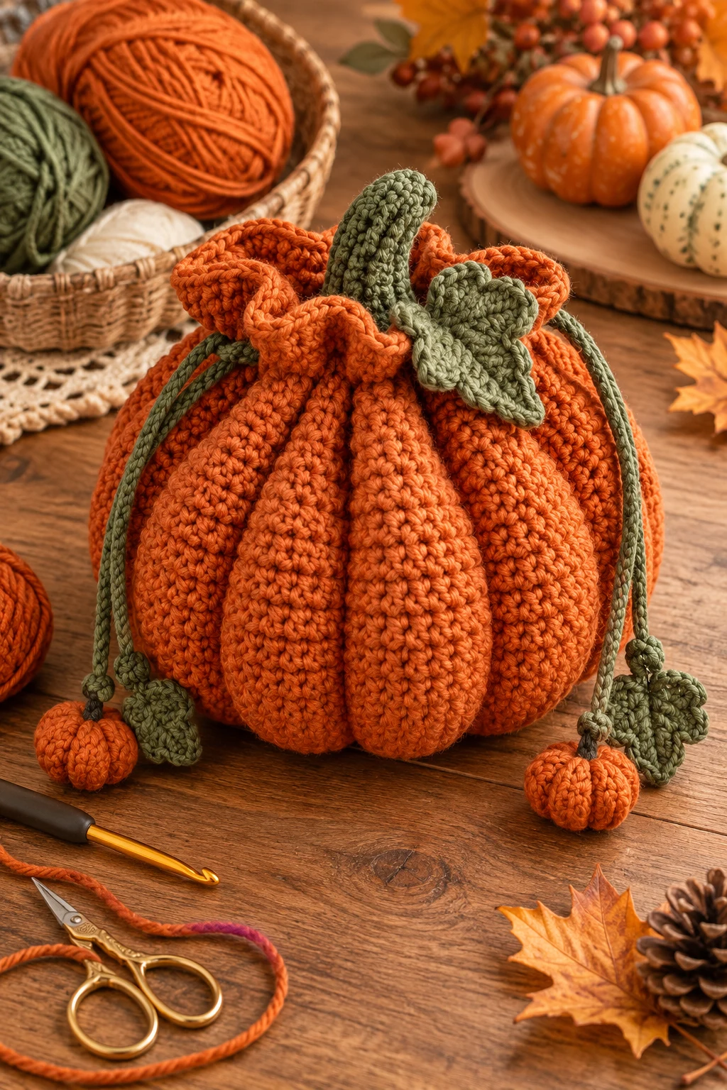 Crochet Pumpkin Drawstring Bag — crochet pumpkin bag style outfit