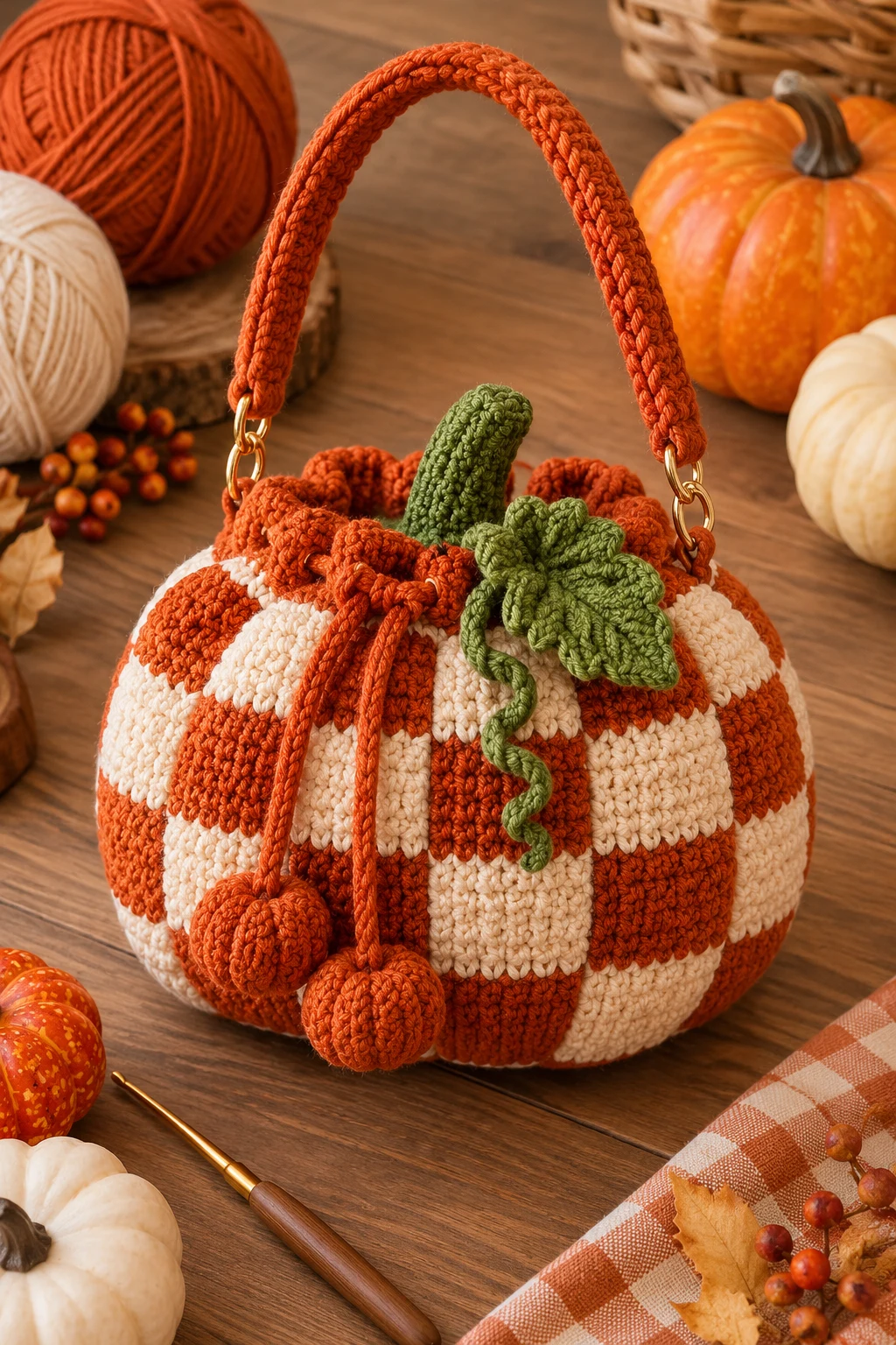 Checkerboard Crochet Pumpkin Purse — crochet pumpkin bag style outfit
