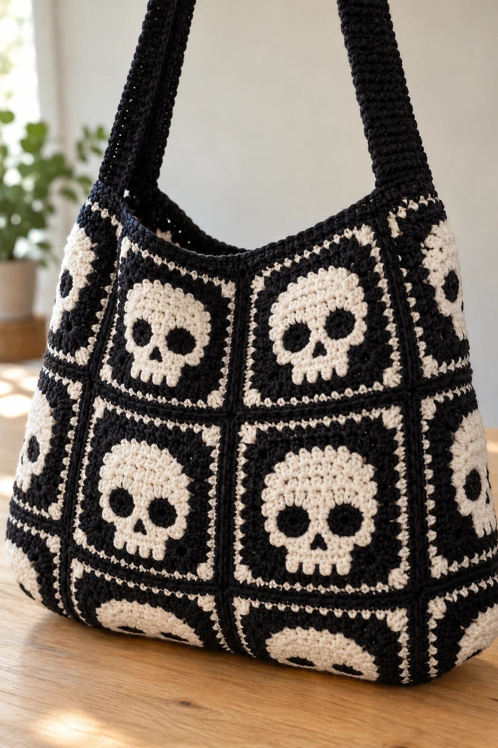 Classic Black and White Skull Granny Square Bag — crochet skull bag style outfit