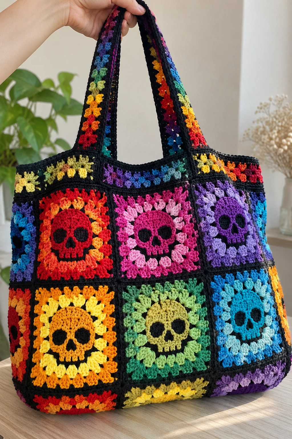 Rainbow Skull Granny Square Market Bag — crochet skull bag style outfit