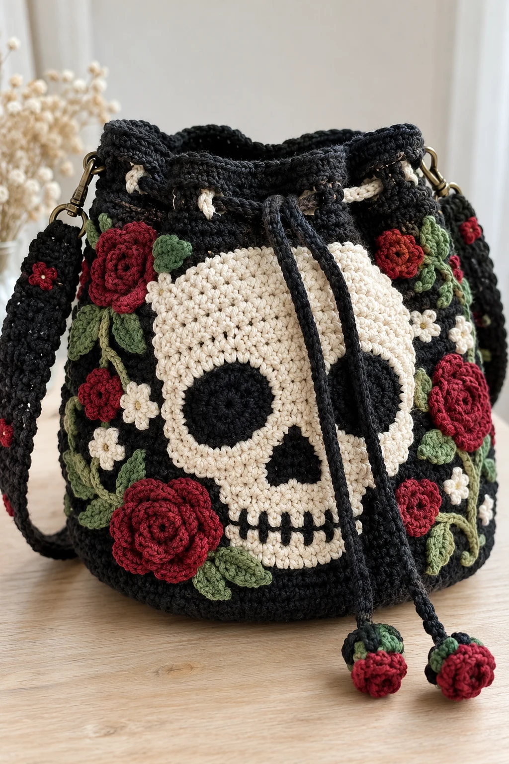 Crochet Skull Bucket Bag With Drawstring — crochet skull bag style outfit