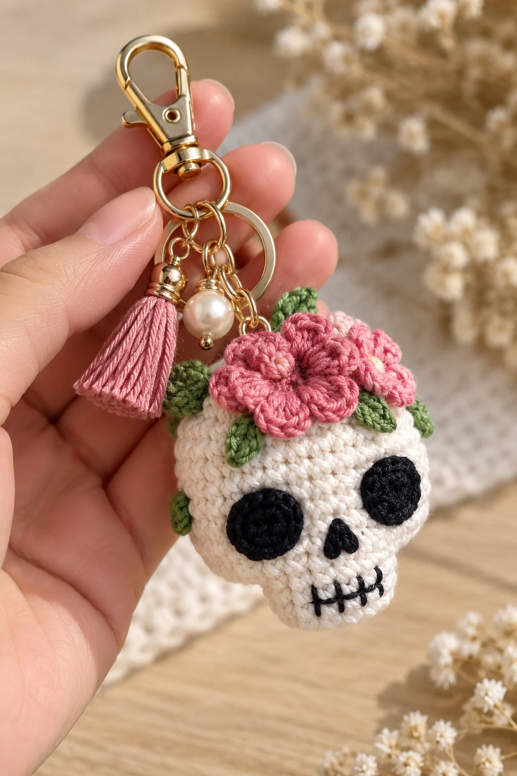 Tiny Crochet Skull Bag Charm — crochet skull bag style outfit