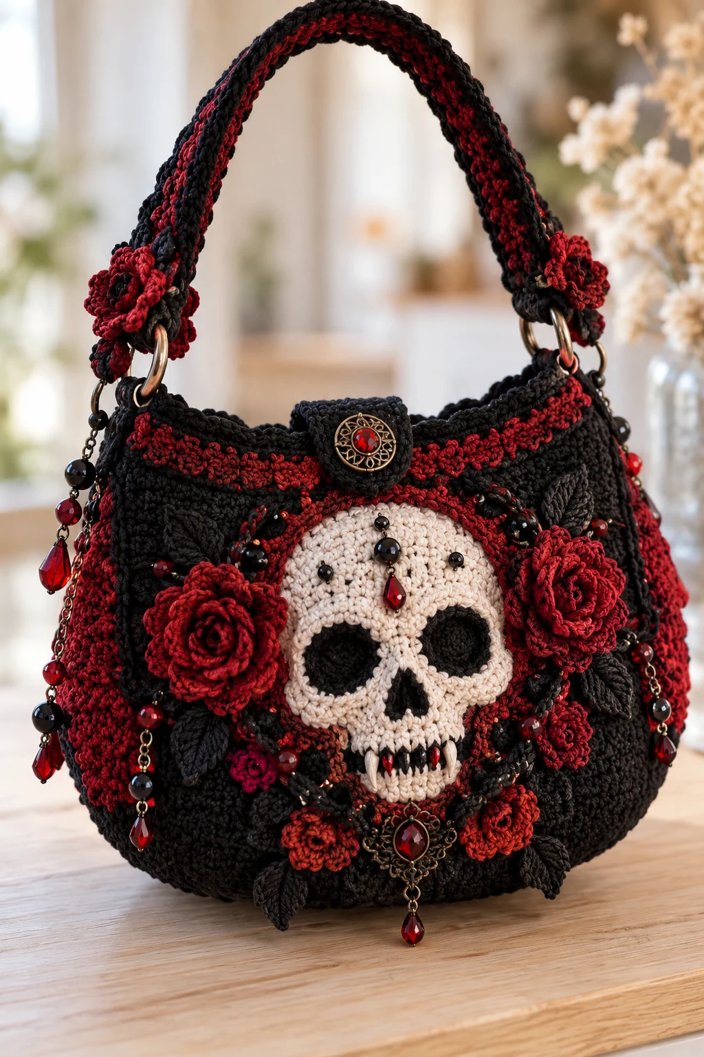 Red and Black Vampire Skull Purse — crochet skull bag style outfit