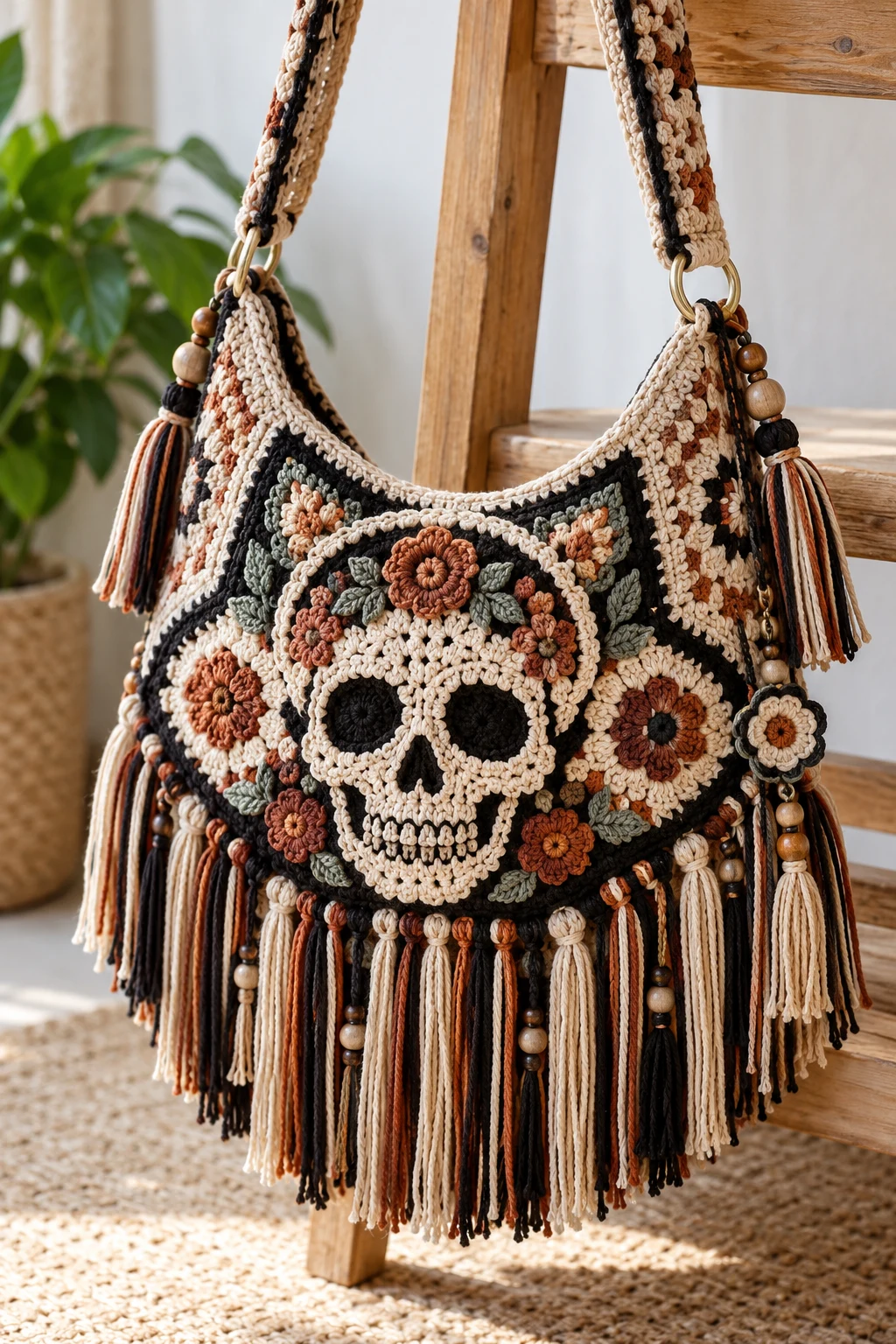 Boho Skull Fringe Shoulder Bag — crochet skull bag style outfit