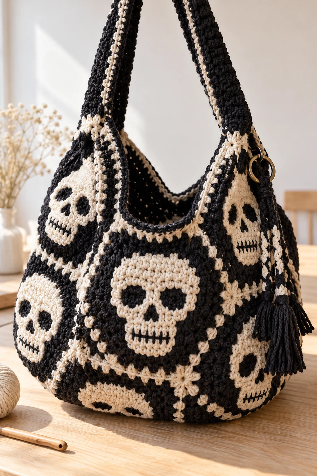 Chunky Crochet Skull Slouch Bag — crochet skull bag style outfit