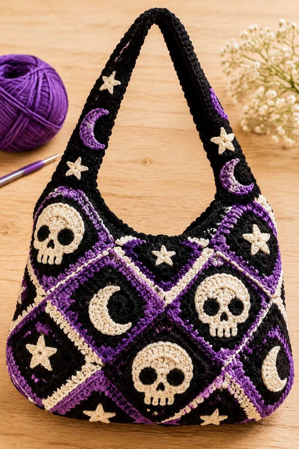 Patchwork Skull Bag With Stars and Moons — crochet skull bag style outfit