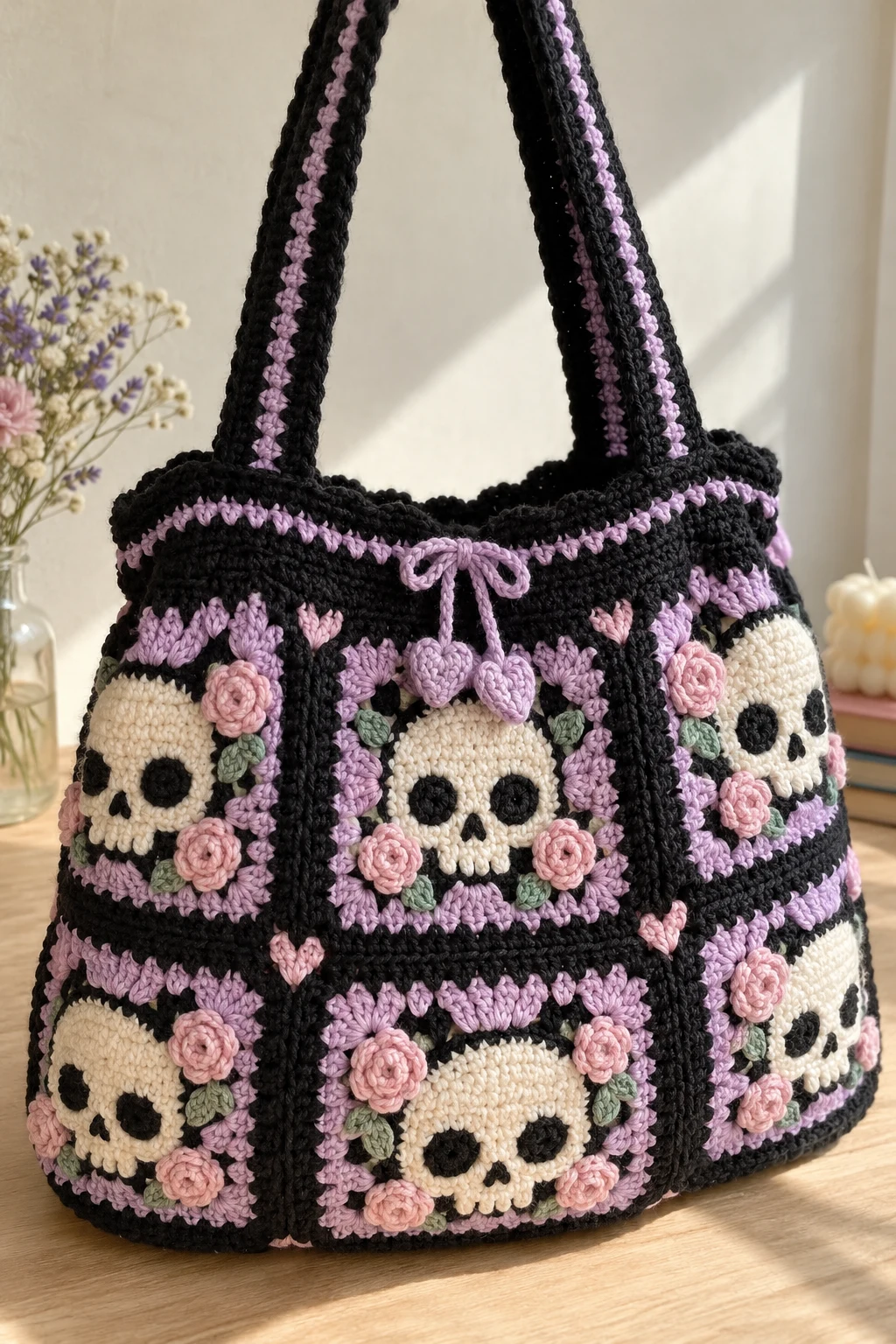 Pastel Goth Crochet Skull Tote Bag — crochet skull bag style outfit