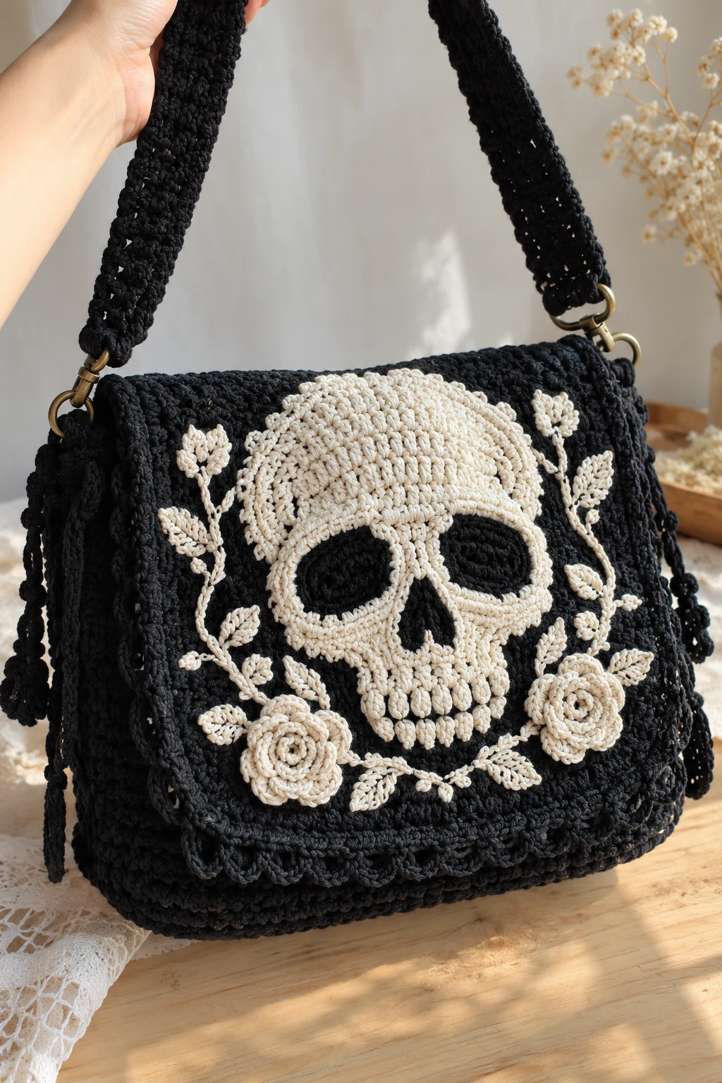 Oversized Gothic Skull Messenger Bag — crochet skull bag style outfit