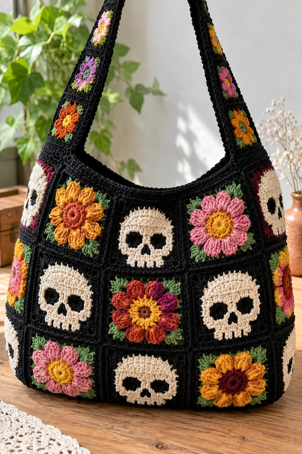 Crochet Skull Bag With Floral Granny Squares — crochet skull bag style outfit