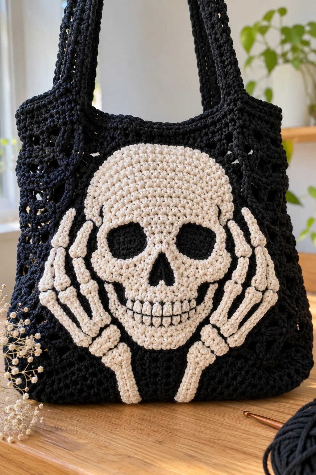 Skeleton Hand and Skull Crochet Tote — crochet skull bag style outfit