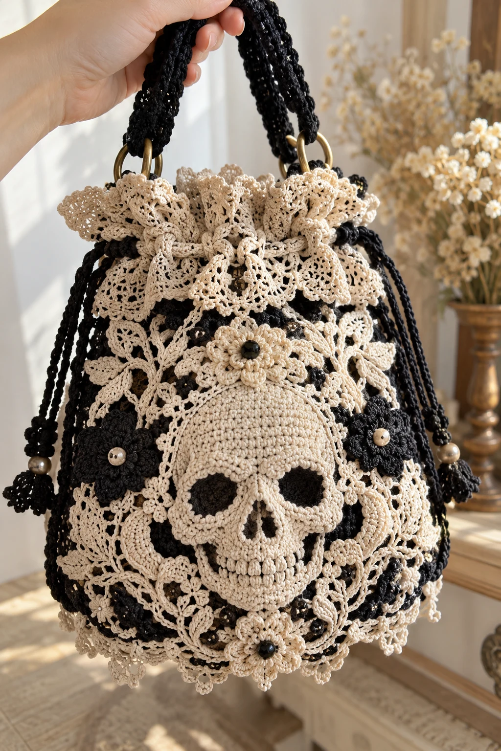 Vintage Victorian Skull Lace Bag — crochet skull bag style outfit