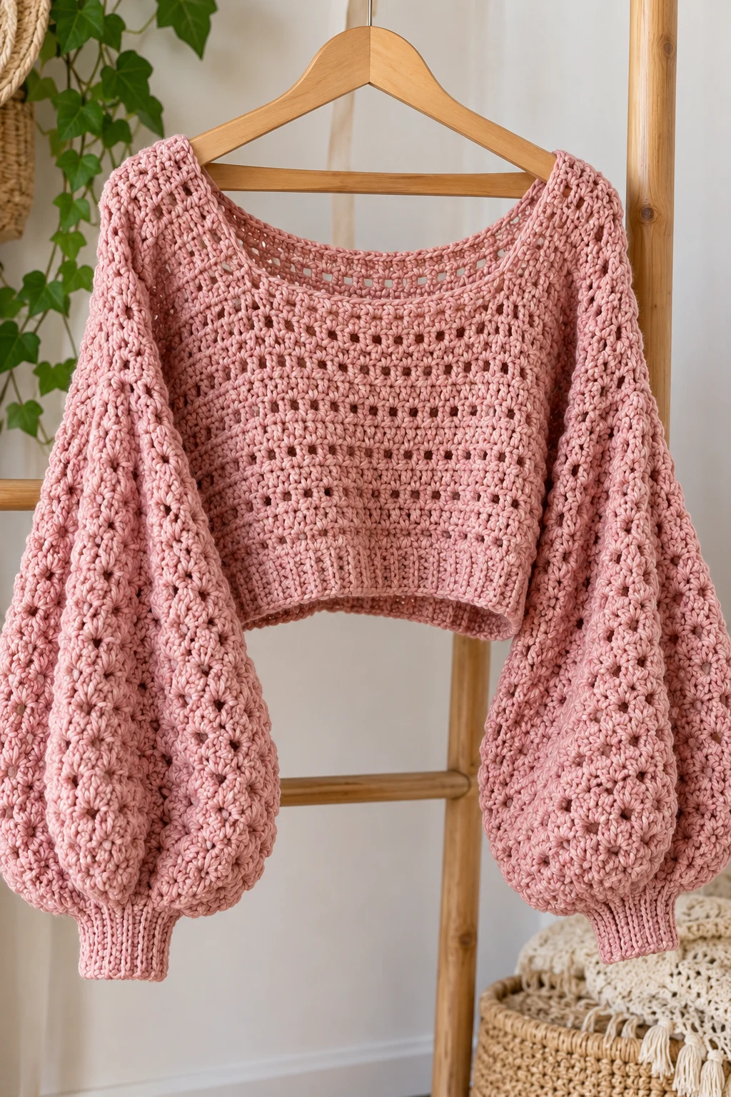 Cropped Crochet Slouchy Top With Balloon Sleeves — crochet slouchy top style outfit