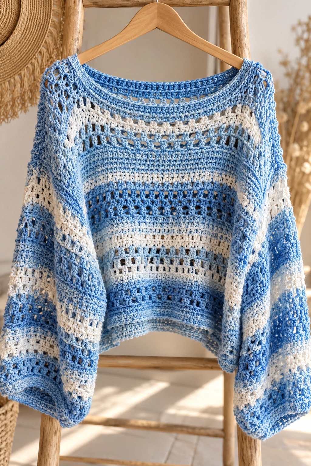 Coastal Blue Crochet Slouchy Boatneck Top — crochet slouchy top style outfit