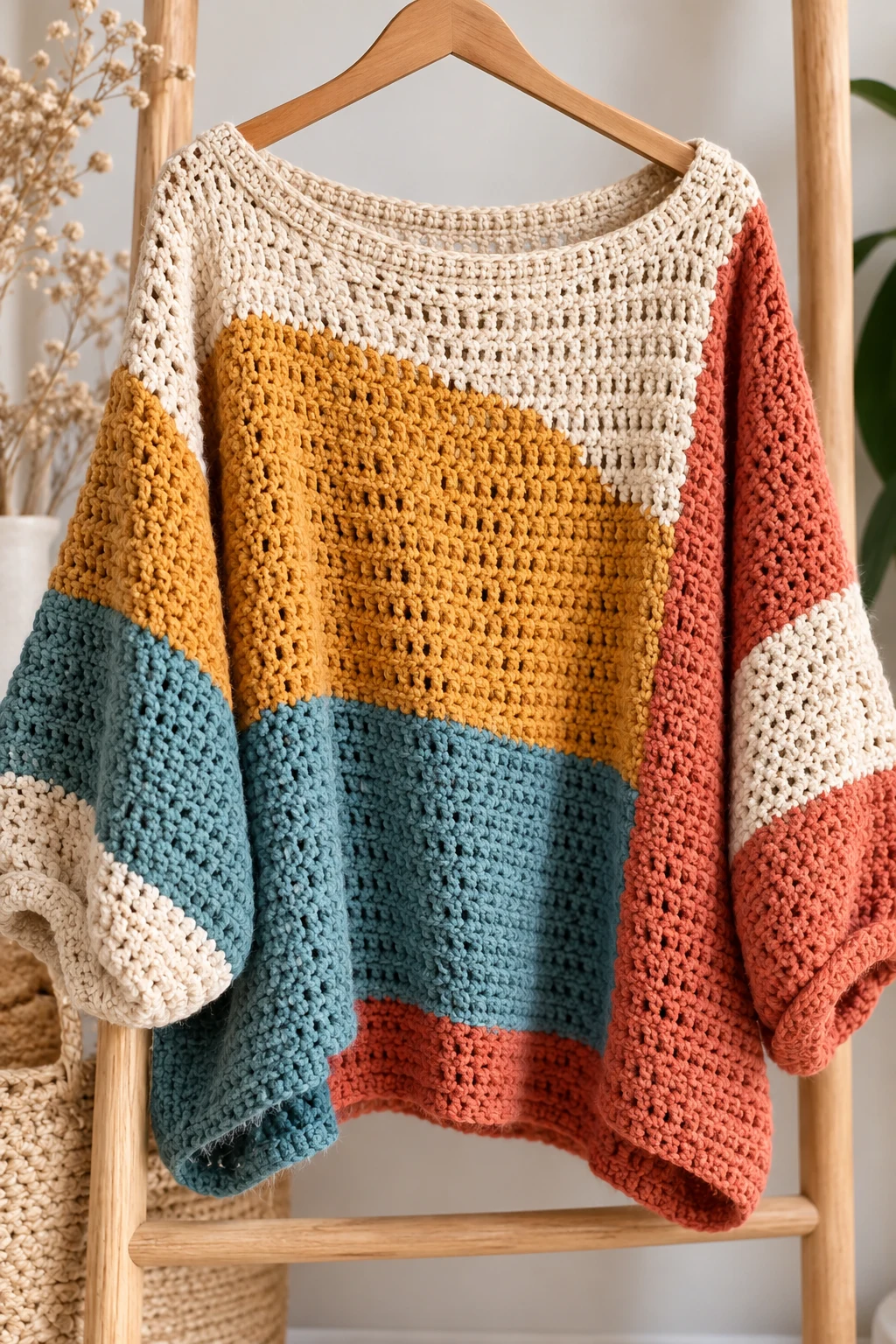 Retro Color-Block Crochet Slouchy Top — crochet slouchy top style outfit