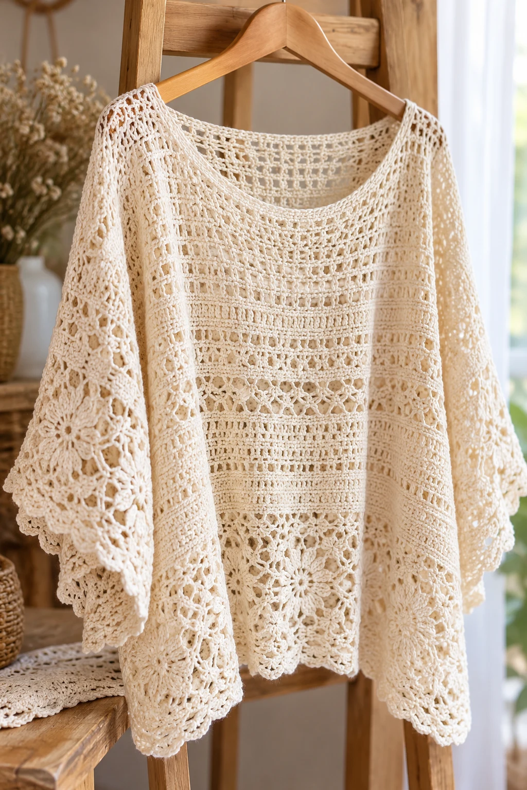 Elegant Ivory Crochet Slouchy Top With Lace Details — crochet slouchy top style outfit