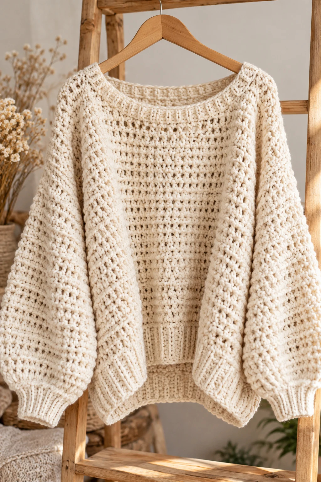 Chunky Cream Crochet Slouchy Sweater — crochet slouchy top style outfit