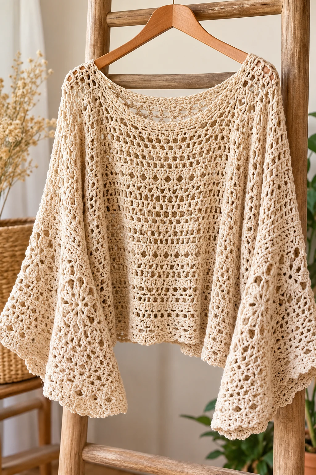 Boho Bell-Sleeve Crochet Slouchy Top — crochet slouchy top style outfit