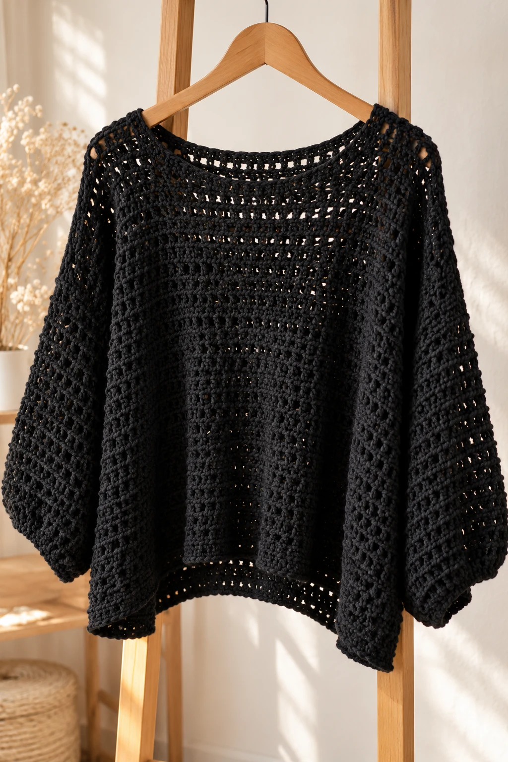 Minimalist Black Crochet Baggy Top — crochet slouchy top style outfit