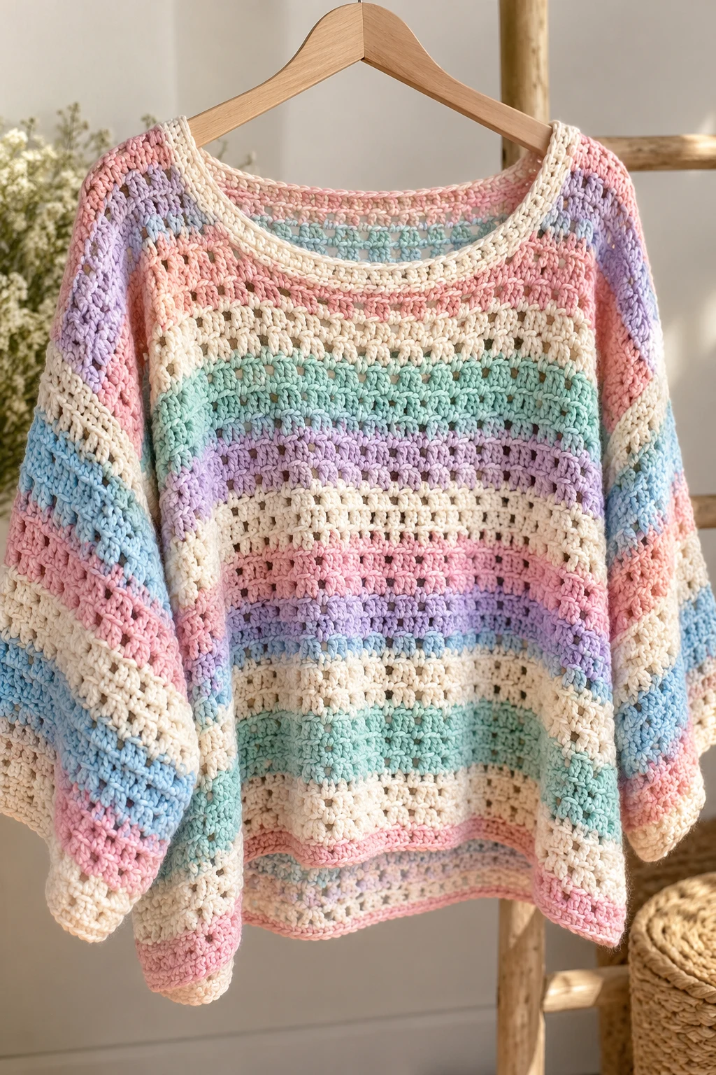 Pastel Striped Crochet Slouchy Top — crochet slouchy top style outfit