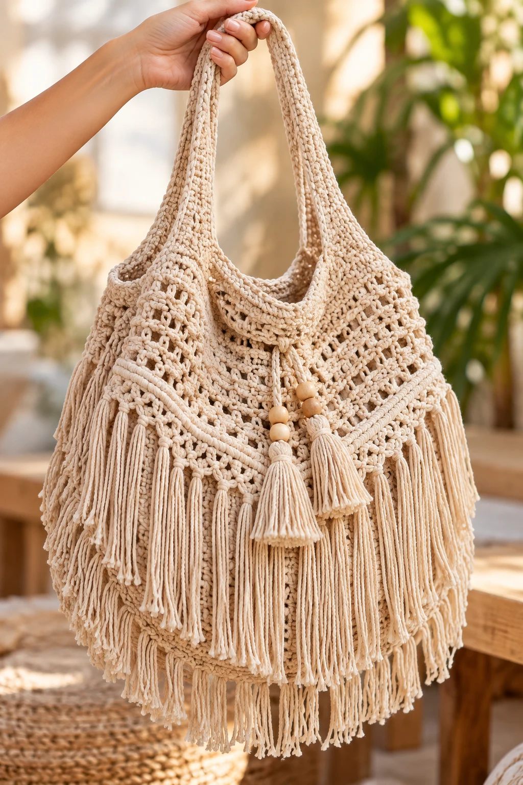 Boho Crochet String Bag With Fringe — crochet string bag