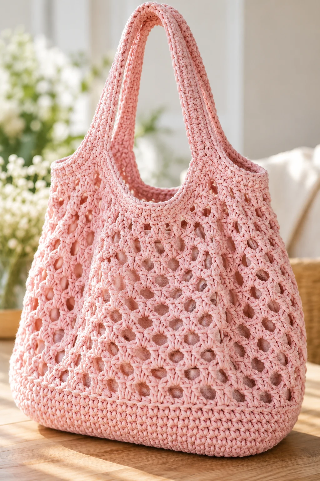 Pastel Pink Crochet String Bag — crochet string bag