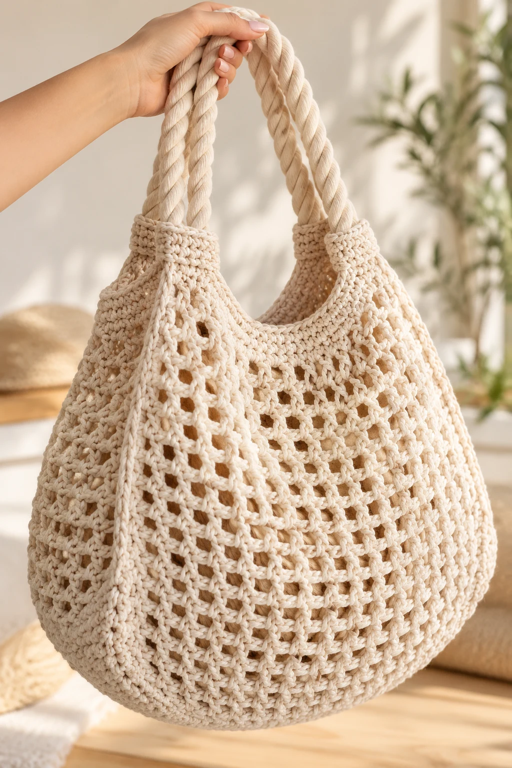 Crochet String Bag With Thick Rope Handles — crochet string bag