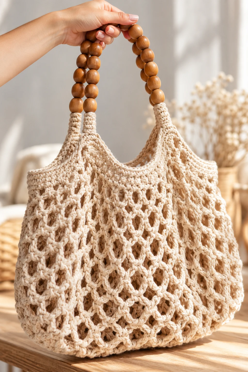 Crochet String Bag With Wooden Bead Handles — crochet string bag