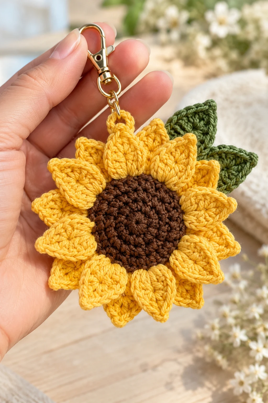Classic Golden Yellow Crochet Sunflower Bag Charm — crochet sunflower bag charm style outfit