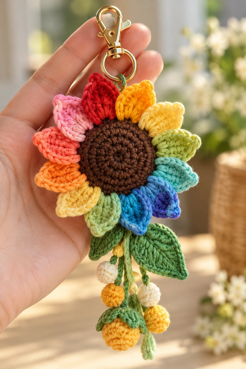 Rainbow Sunflower Crochet Bag Charm — crochet sunflower bag charm style outfit