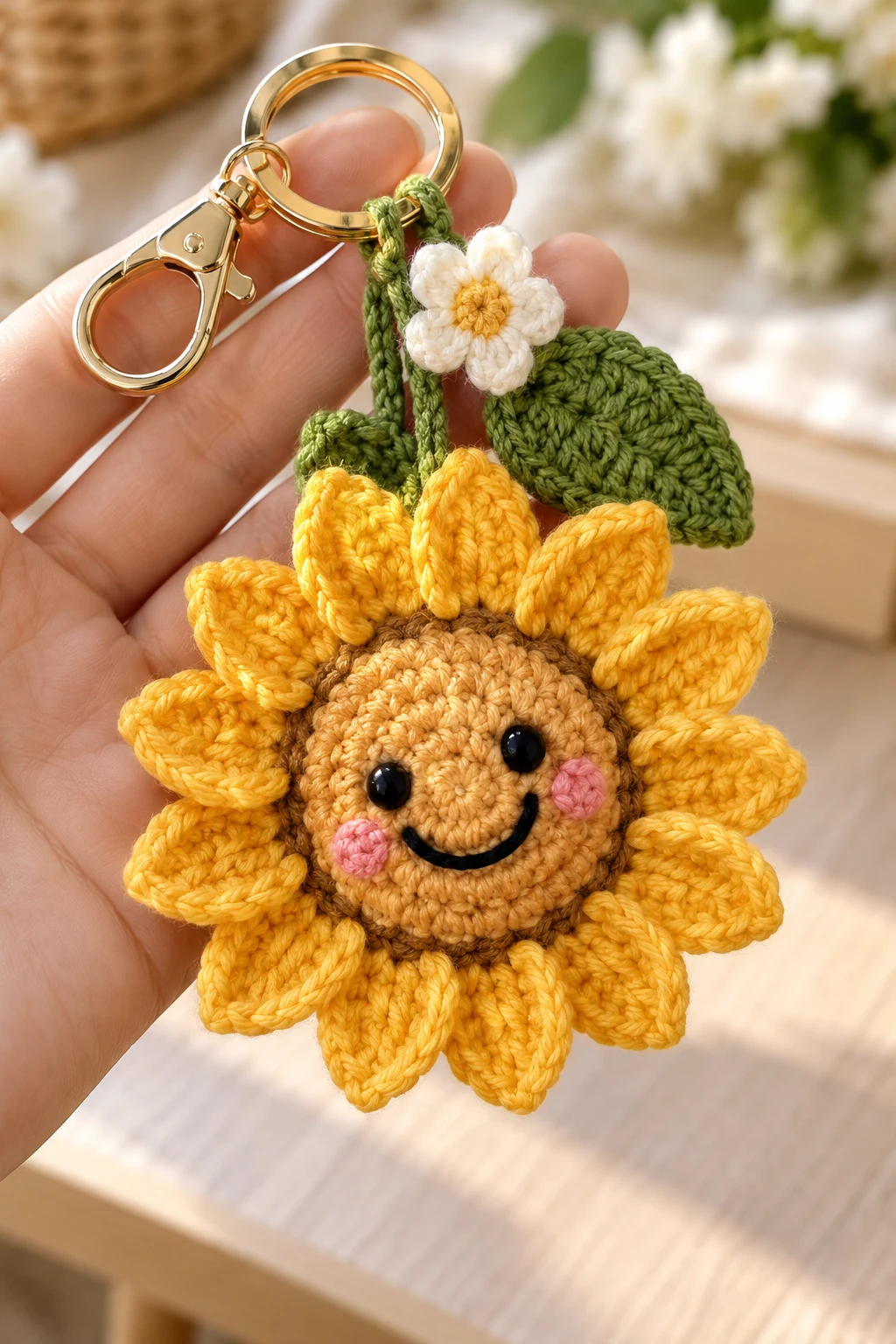 Crochet Sunflower Bag Charm With Smiley Face — crochet sunflower bag charm style outfit