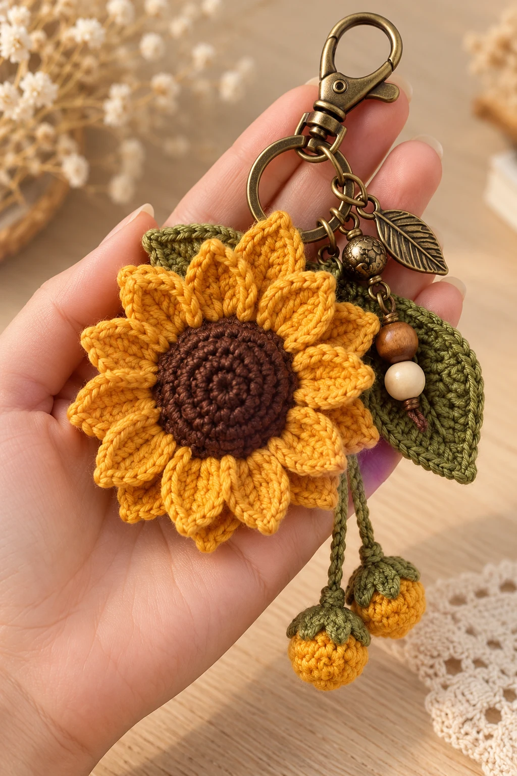 Vintage Mustard Sunflower With Bronze Hardware — crochet sunflower bag charm style outfit