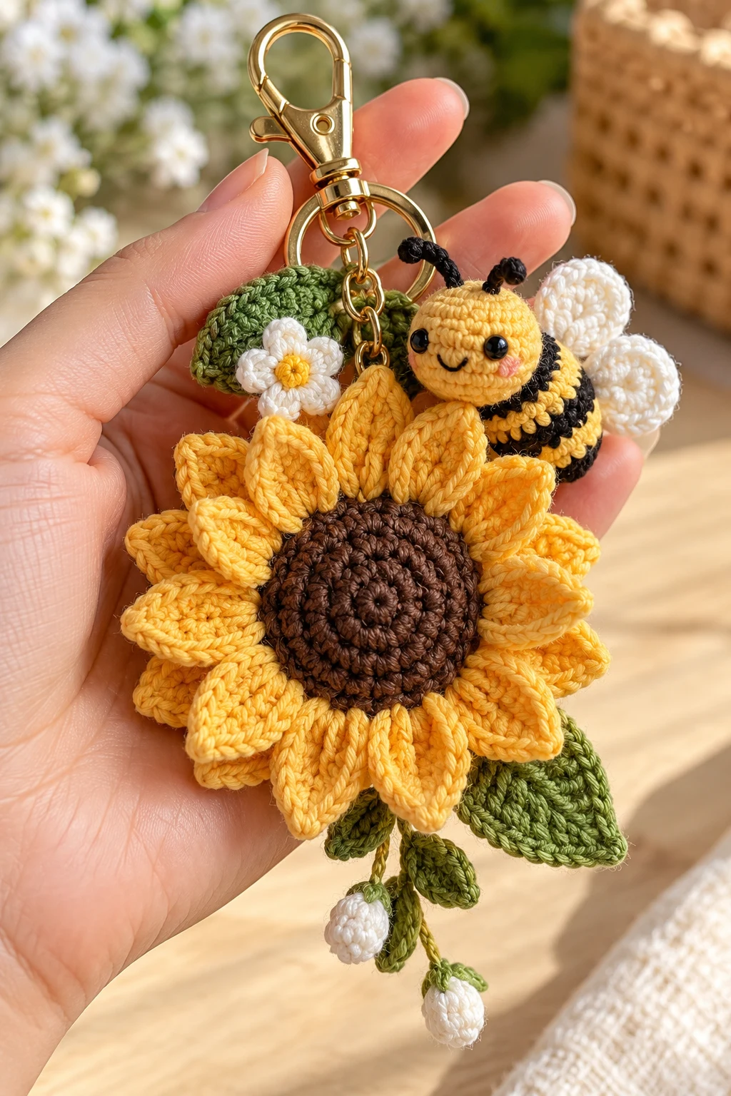Sunflower Charm With a Mini Crochet Bee — crochet sunflower bag charm style outfit
