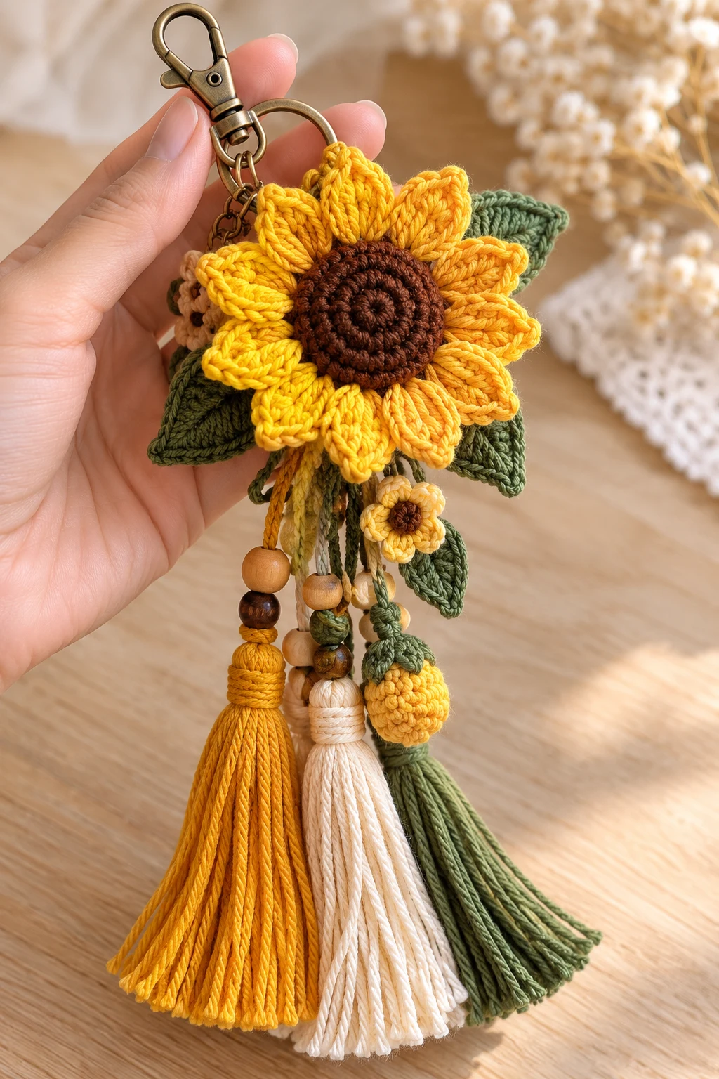 Sunflower Bag Charm With Long Crochet Tassels — crochet sunflower bag charm style outfit