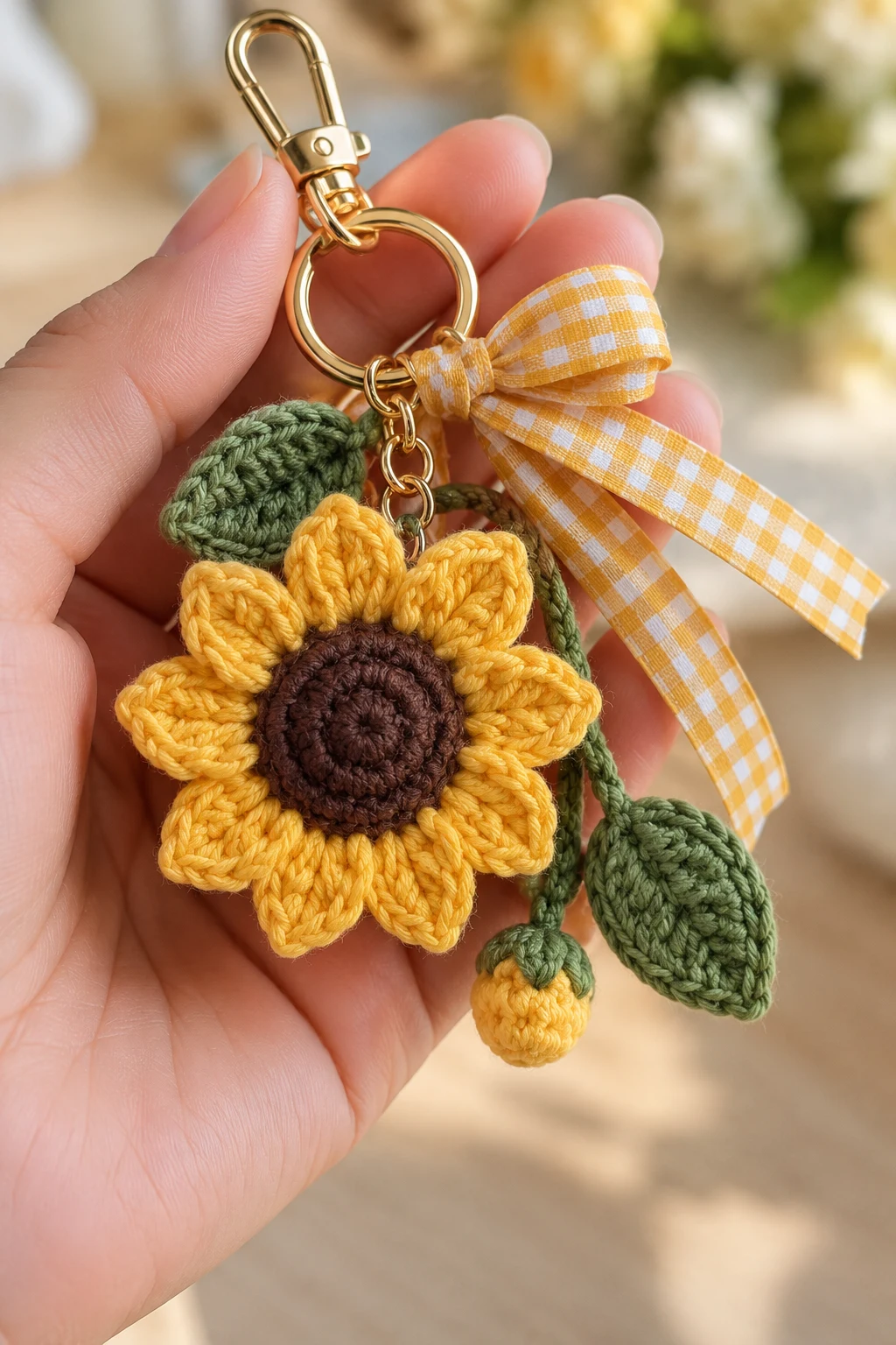 Tiny Sunflower Charm With Gingham Ribbon — crochet sunflower bag charm style outfit