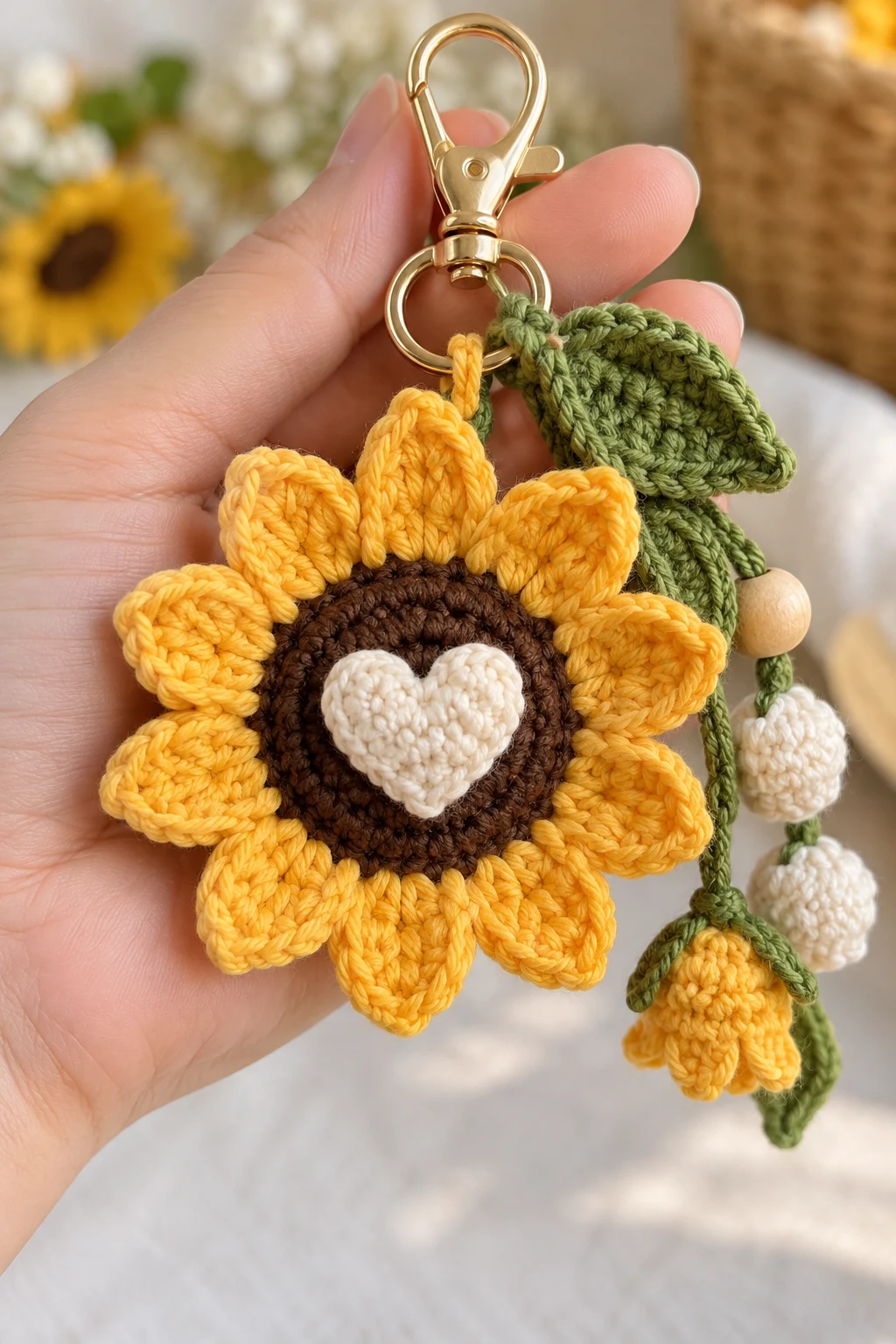Crochet Sunflower Bag Charm With a Heart Center — crochet sunflower bag charm style outfit
