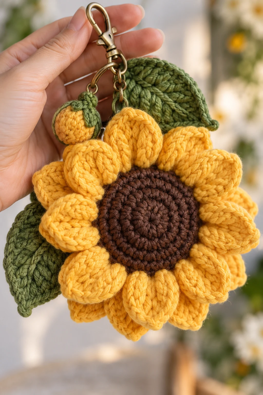 Oversized Chunky Sunflower Bag Charm — crochet sunflower bag charm style outfit