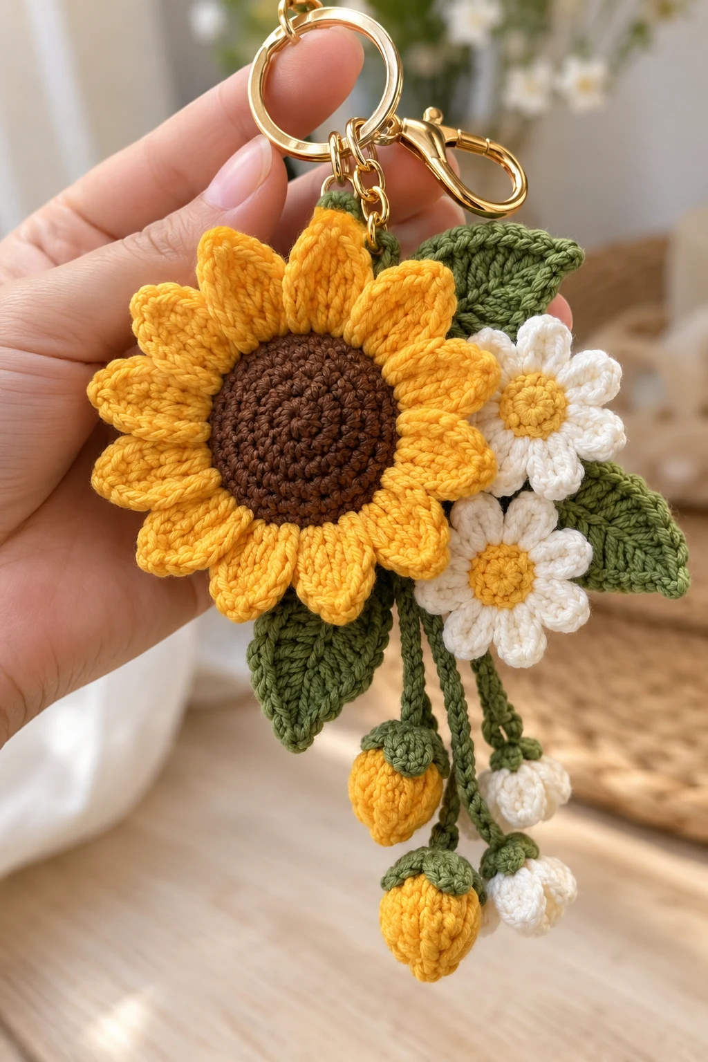 Sunflower Bag Charm With Crochet Daisy Friends — crochet sunflower bag charm style outfit