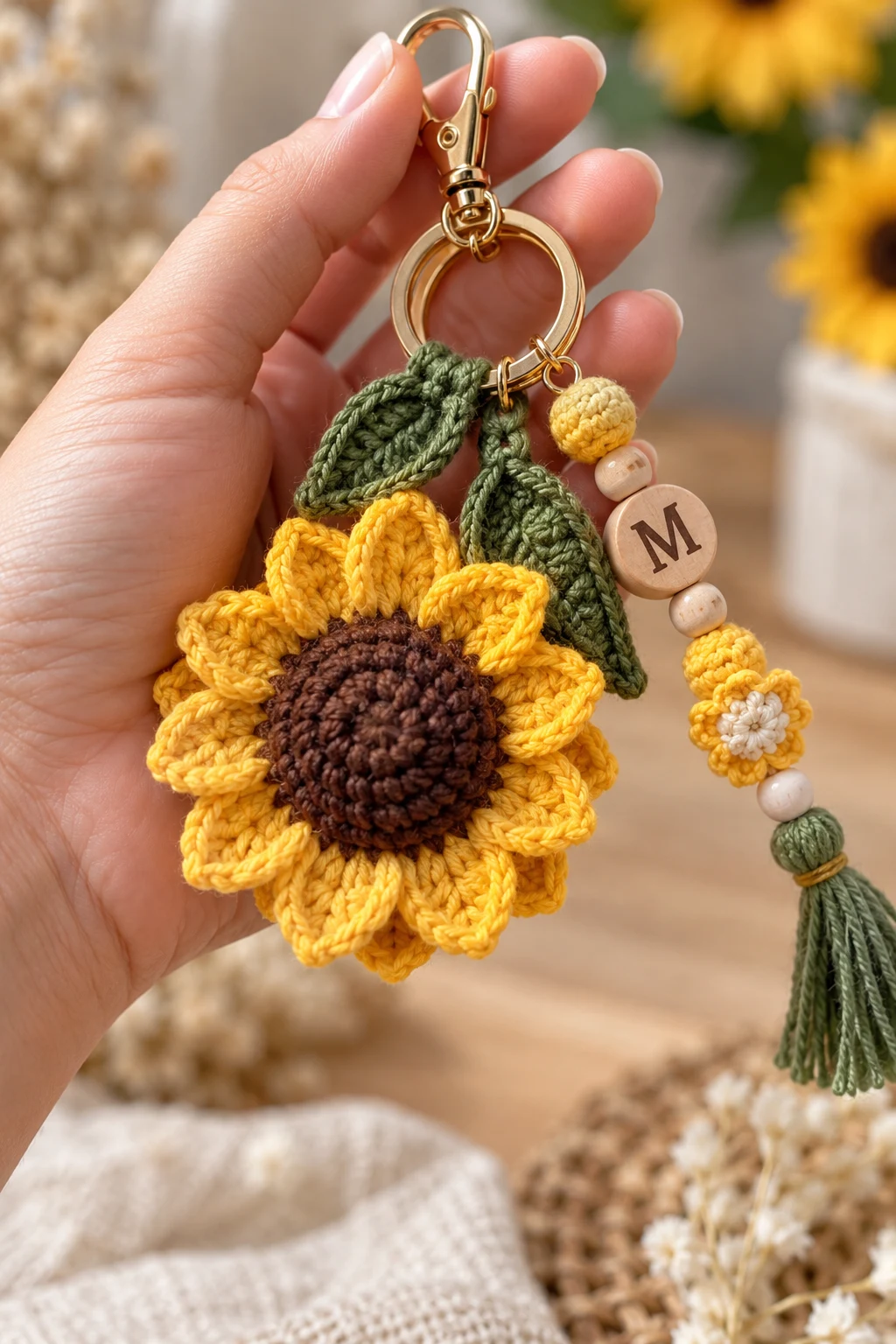 Personalized Sunflower Charm With Initial Beads — crochet sunflower bag charm style outfit