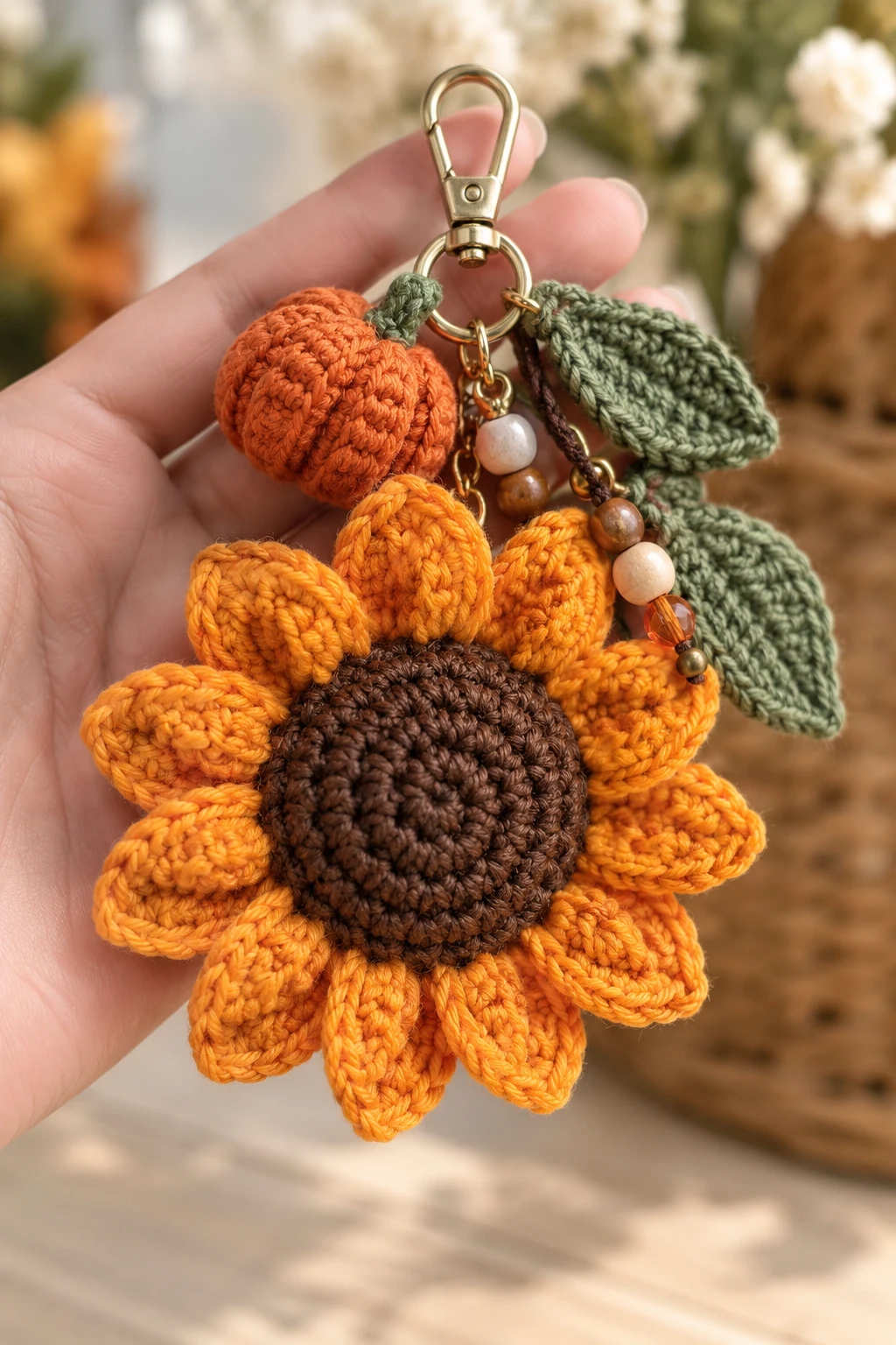 Autumn Sunflower Charm With Pumpkin-Colored Petals — crochet sunflower bag charm style outfit