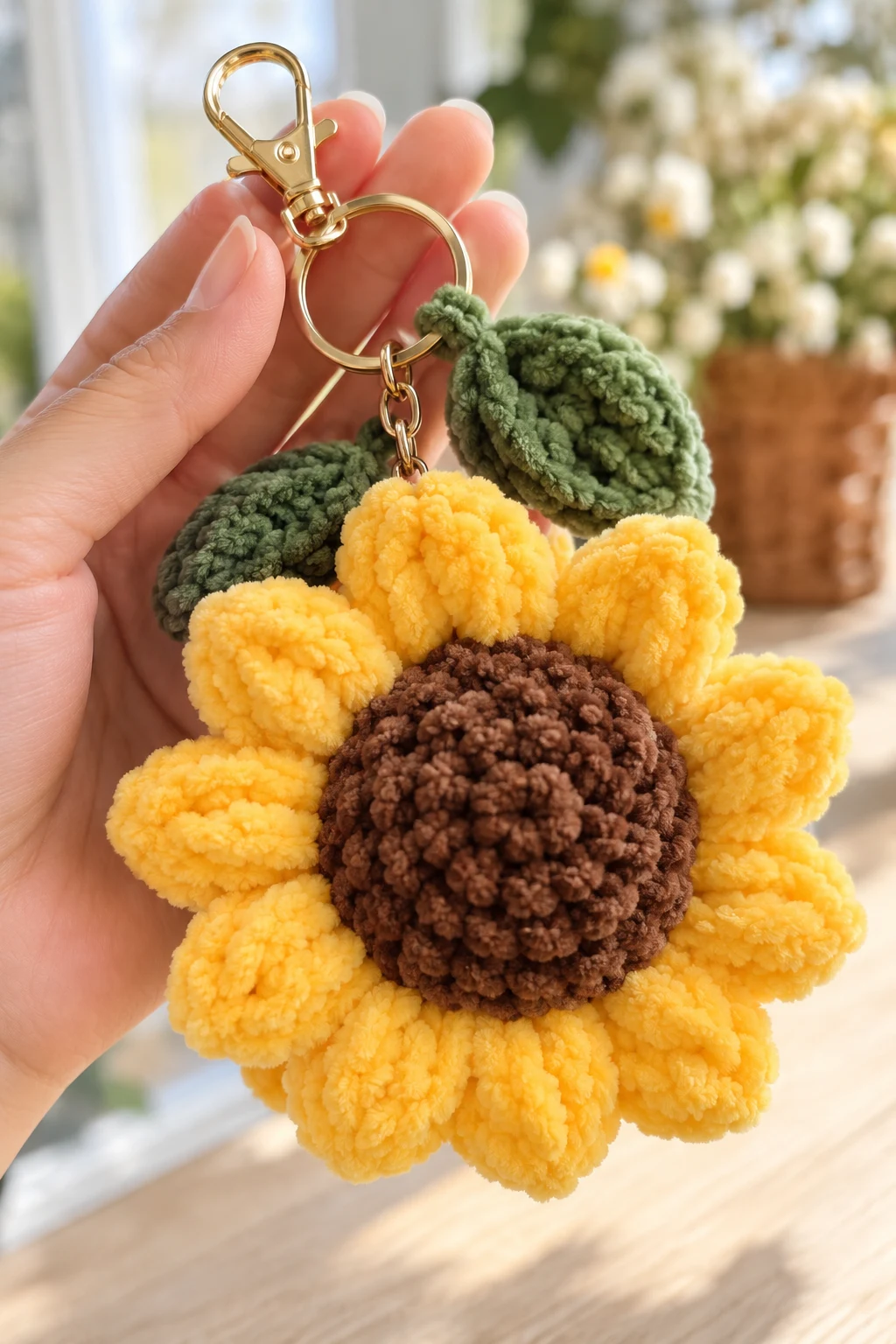 Fluffy Sunflower Bag Charm With Chenille Yarn — crochet sunflower bag charm style outfit