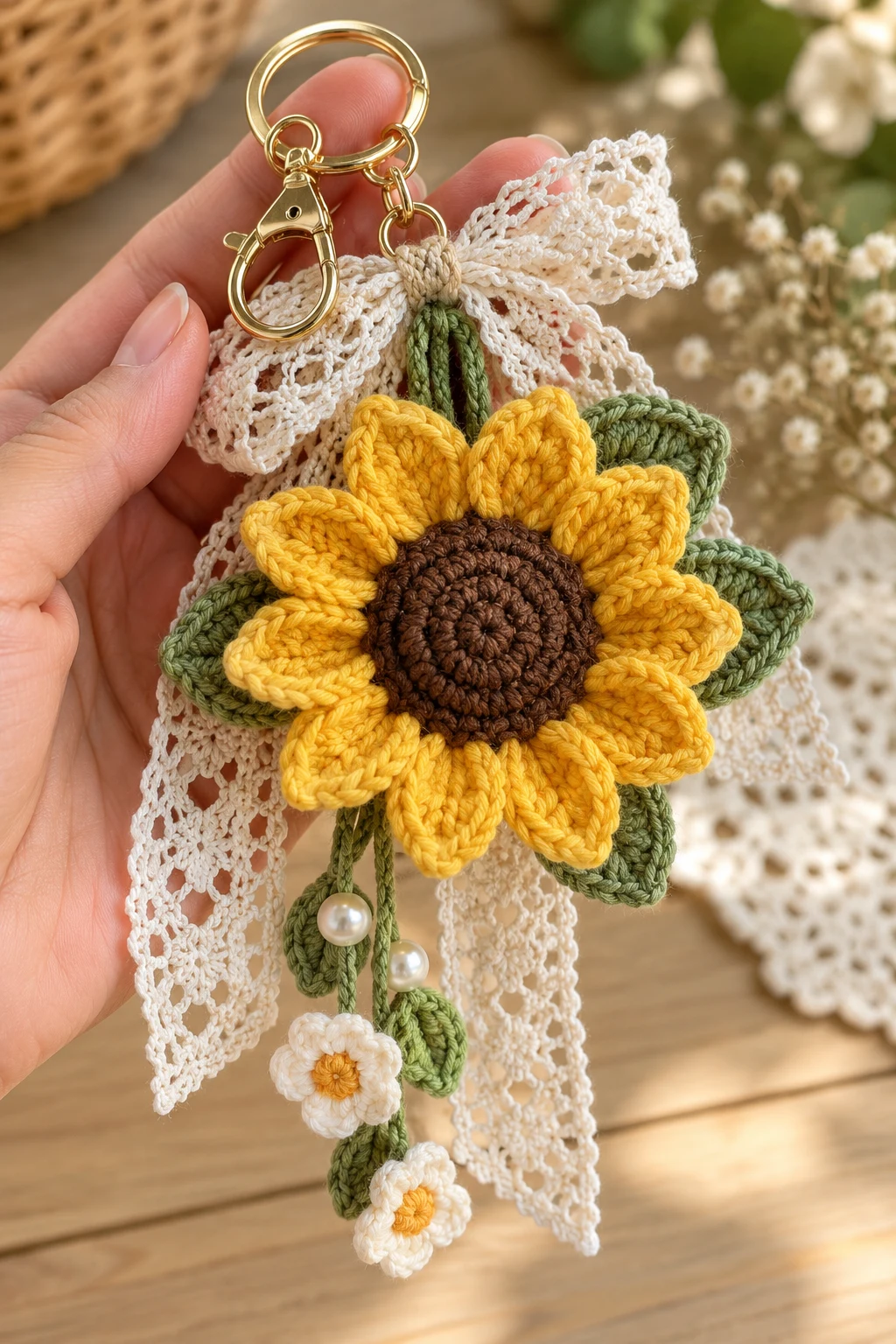 Cottagecore Sunflower Charm With Lace Details — crochet sunflower bag charm style outfit
